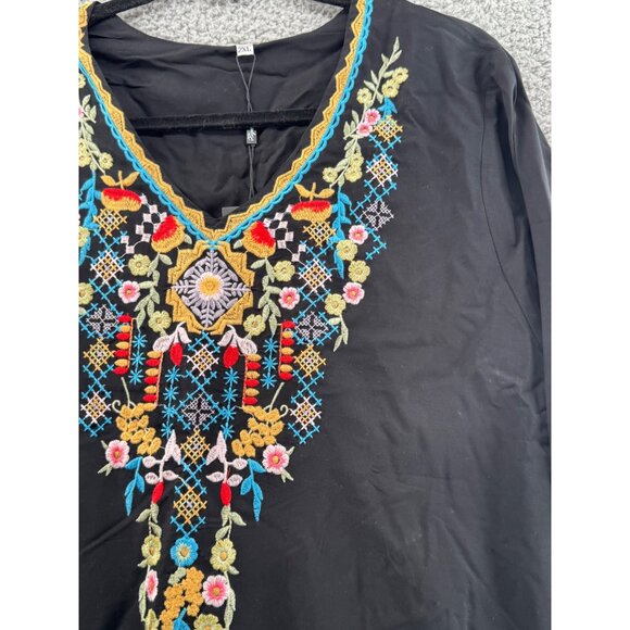 Higustar Tunic Multicolor Floral Embroidery & 3/4 Sleeves Black Size 2XL NEW - Picture 3 of 12